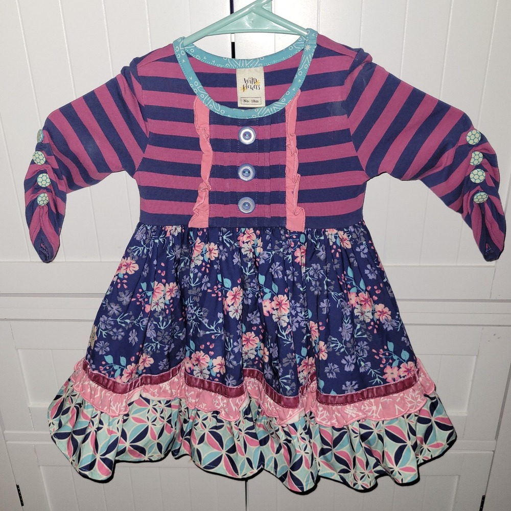Wild Flowers Girls Dress 18m Pink Purple Stripe Floral‎ Ruffle Button Sleeve